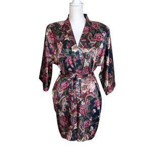 EUC Vintage California Dynasty Satin Short Robe Size M Navy Blue Mauve Floral